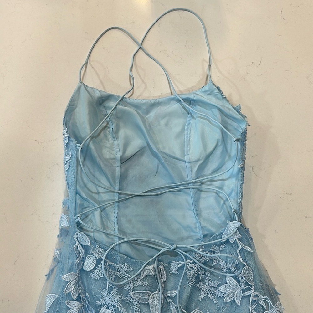 Trumpet/Mermaid Scoop Neck Lace Tulle Sweep Train Appliques Prom Dress Size 0 - Picture 14 of 14